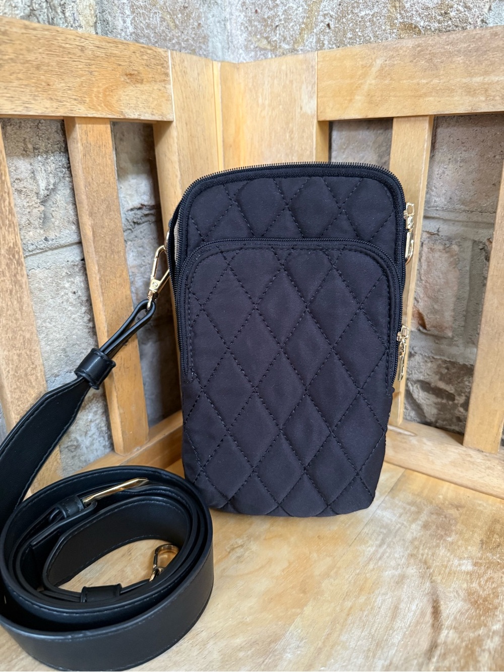 Jen & Co Quilted Black Crossbody Bag with Gold Hardware